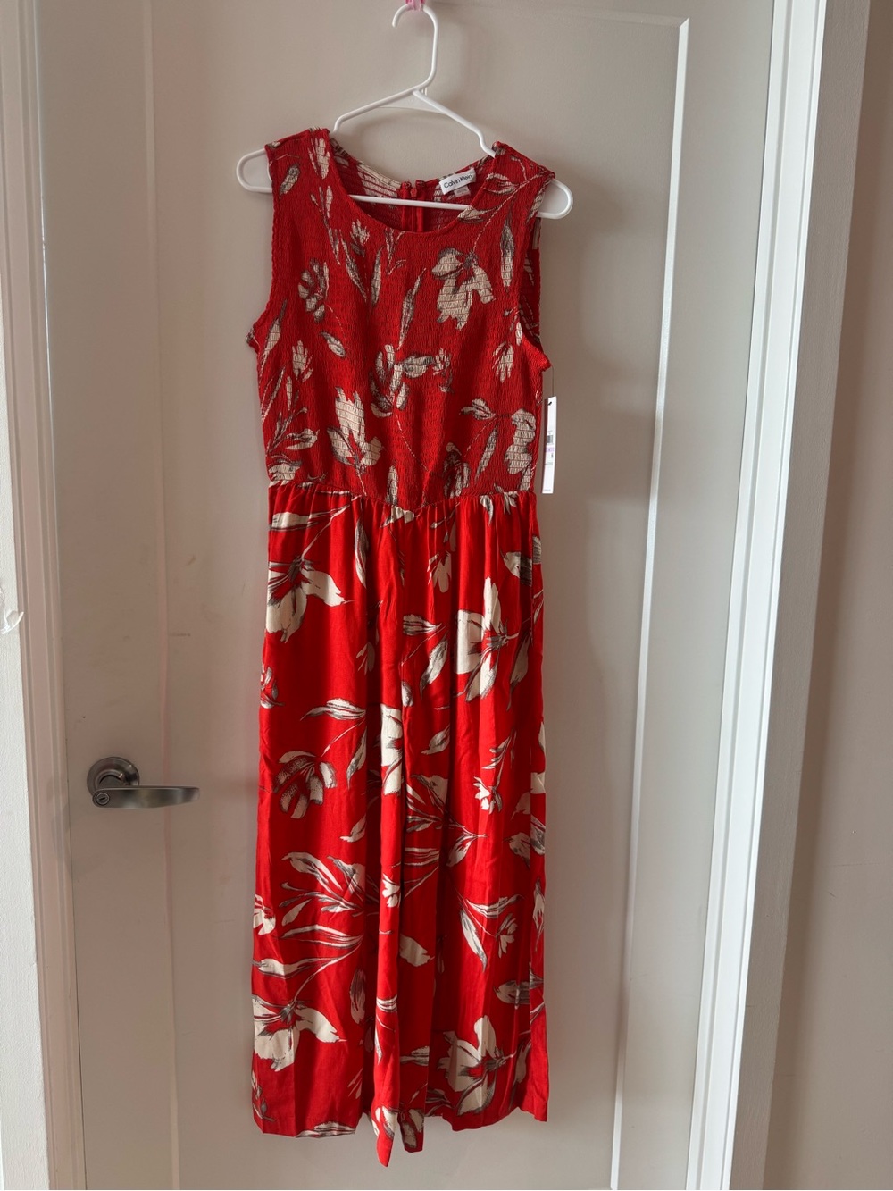 Calvin Klein Red Floral Print smocked sleeveless round neck jumpsuit